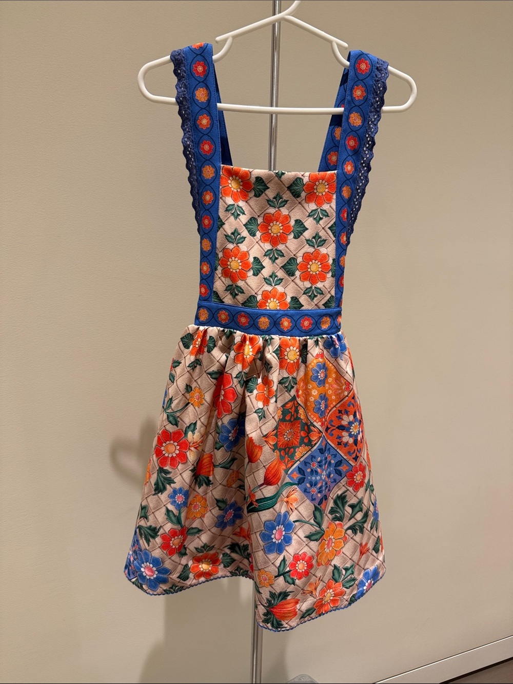 Agua Bendita Floral Patchwork Pinafore Dress in Orange, Blue, Red, Cream